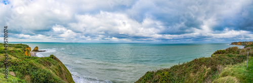 Fototapeta Naklejka Na Ścianę i Meble -  A panoramic photo at Pointe du Hoc on the Normandy coast in northern France (near the town of Saint-Pierre-du-Mont) where the Americans landed in 1944 via rope ladders