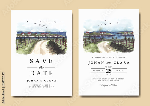 Watercolor wedding invitation of nature landscape with road and sea 