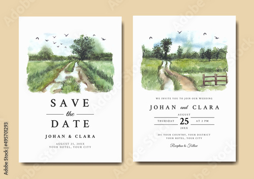 Watercolor wedding invitation of nature landscape with road and fence 