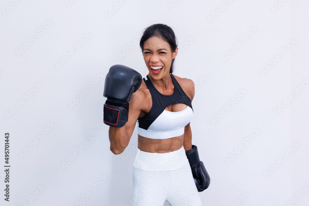 Young Female Boxer Rised Her Fist Celebrating Victory Pose Young Female Boxer Rised Her Fist Celebrating Victory Pose
