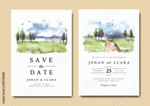 Wedding invitation of watercolor green nature landscape with garden fence and road 