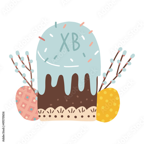 Easter bakery with pussy willow branch and easter colored eggs. Happy Easter cake concept for banner or greeting card. Flat hand drawn vector illustration. Cyrillic transtation of XB - Christ is risen