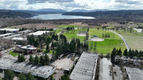 Cinematic aerial drone footage of Marymoor Park by Lake Sammamish near Redmond Town Center mall, WA-520 in Redmond, Washington, King County photo