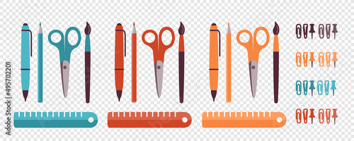 Set of stationery. Illustration of a ballpoint pen, scissors, pencils, ruler, paper clips. Flat illustration of school set, office supplies.
