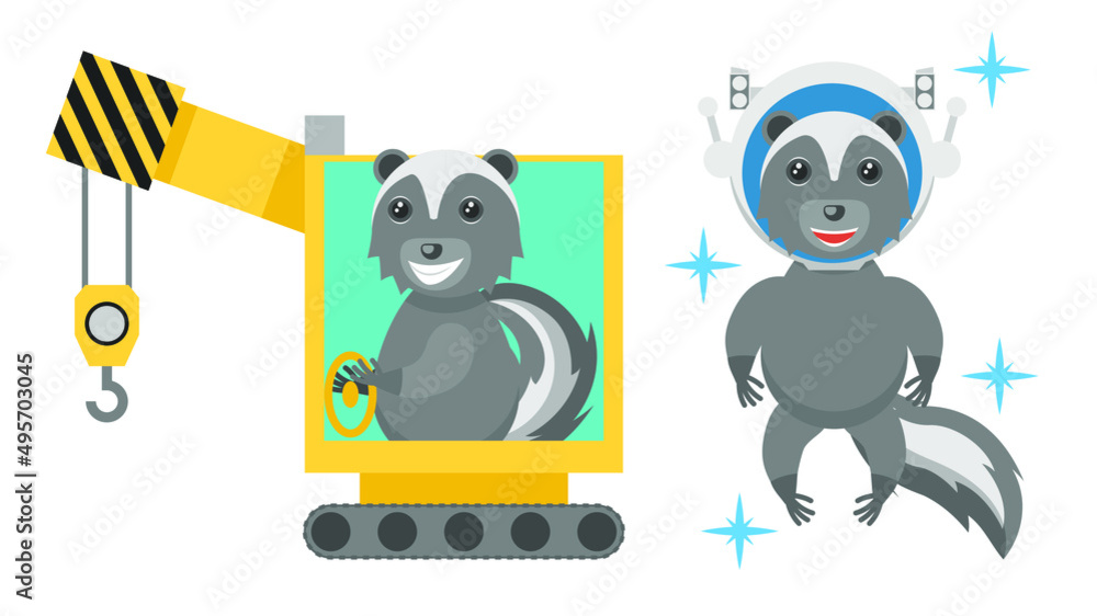 Fototapeta premium Set Abstract Collection Flat Cartoon Different Animal Skunks Working Behind A Crane, Astronaut In Helmet Vector Design Style Elements Fauna Wildlife