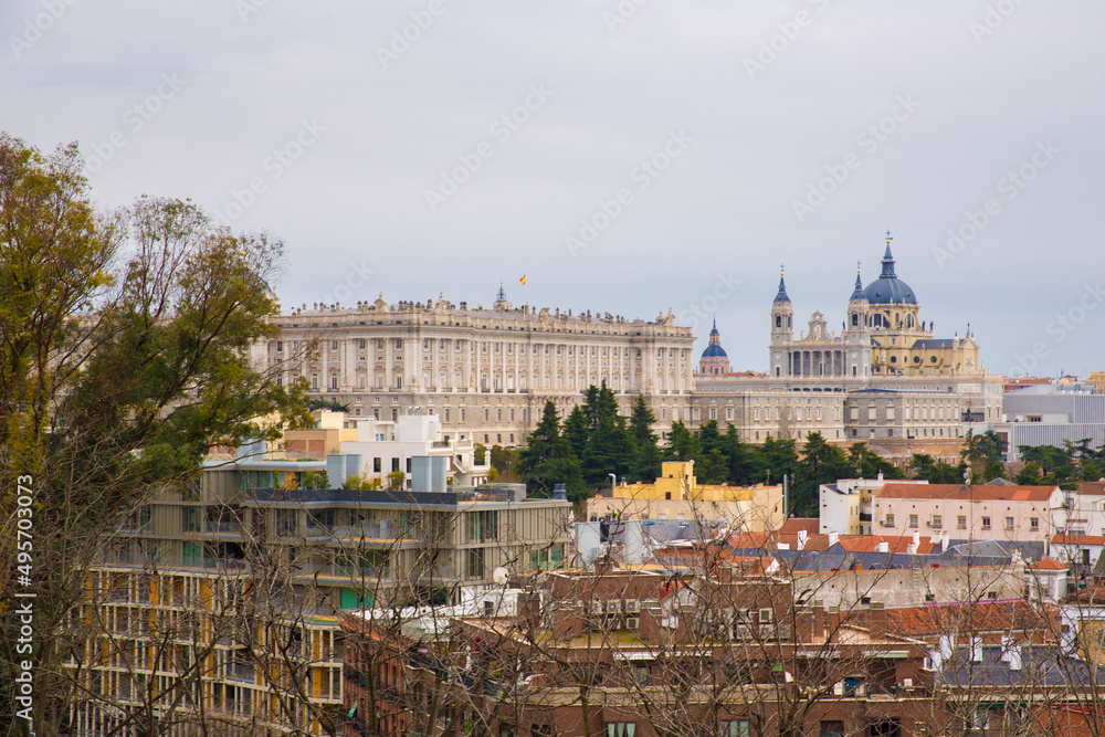 View of Almudena Cathedral and Royal Palace from Parque de la Montaña in Madrid, Spain.