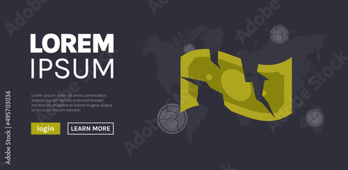 Dollar money broken and downward currency money crisis flat vector illustration.
