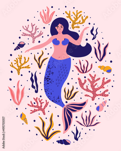 Cute mermaid with seaweed  corals  shells. Fantastic summer background for textiles  t-shirts  greeting cards and more. Hand drawn vector illustration.