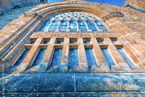 Low angle shot of a Presbyterian church in Marion Ohio photo