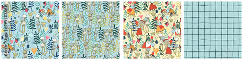 Seamless patterns set with funny female gnome gathering berries, mushrooms, flowers. Fairy tale elf girls in red hats and wooden shoes in the forest. Vector illustration for children