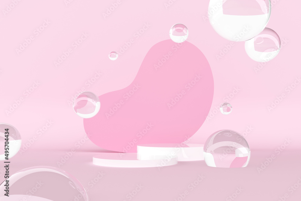 3D Rendering Minimal Two Double Round Podium Stand Stage for Perfume Skincare Cosmetic Product Floating Crystal Glass Water Bubble Ball Abstract Form Pink Blank Space Background Studio Advertisement 