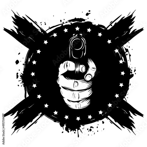 Vector illustration hand with pistol on grunge background. For tattoo or t-shirt design.