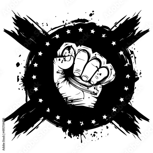 Vector illustration hand with brass knuckle on grunge background. For tattoo or t-shirt design.