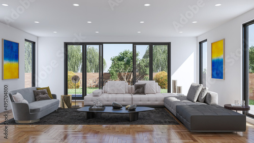 Illustration 3D rendering large luxury modern bright interiors Living room mockup computer digitally generated image