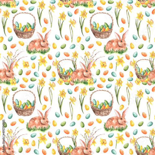 Happy Easter seamless pattern. Easter Bunny. Basket with eggs. Painted eggs. Blooming daffodils. Easter watercolor pattern. Religion. Spring. White background. For printing on textiles, wrapping paper