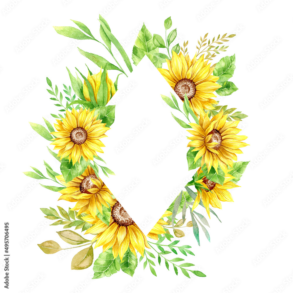 Watercolor Sunflower Frame, Floral Frame on white background, Botanical ...