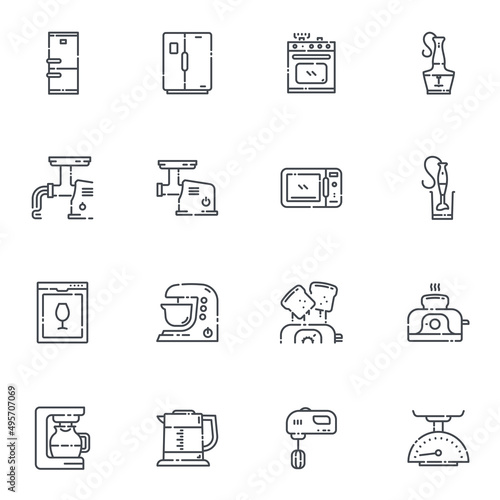 Set of vector line icons of kitchen utensils, cooking tools and equipment