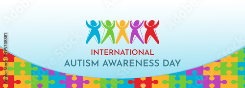 World Autism Awareness Day Web Banner Background Illustration with Puzzle Kids Vector