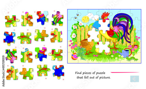 Logic game for children and adults. Find pieces of puzzle that fell out of picture. Page for kids brain teaser book. Task for attentiveness. Developing spatial thinking. Play online. Vector image.