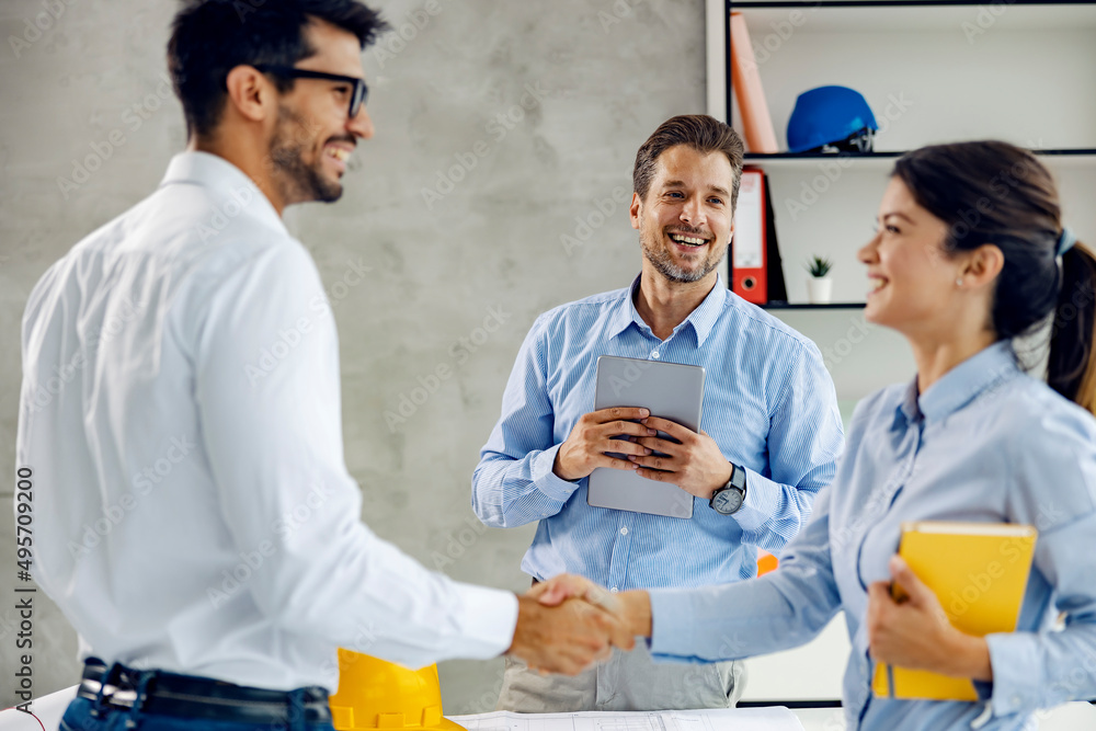 Obraz premium Business meeting and handshake between architects in the office.