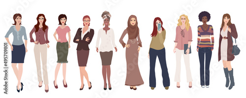 Isolated group diversity women and girls. Full length multicultural and multiethnic women. Female social community. Racial equality. Allyship. Empowerment. Colleagues or co-workers