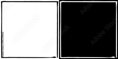 Hand drawn empty square frames. Grunge black Ink border on a white background. Blank rough square painted with a white dry brush on the black background