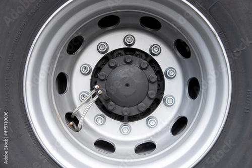 The rear wheels of a clean truck with new tires. Radial tubeless tires. Trucking concept