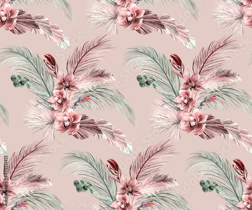 Fototapeta Naklejka Na Ścianę i Meble -  Botanical watercolor pattern with orchid flowers and dry palm leaves in boho style for summer textile and surface design