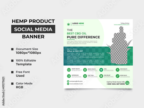 hemp product social media post template design with one image placement, smart green gradient is used in the design. web banner standard, it can use in the social media , vector eps 10 version.