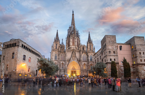 Barcelona, Spain. Panoramic view of Barcelona Cathedral - Catedral de la Santa Cruz y Santa Eulalia (the Holy Cross and Saint Eulalia) at sunset. Panorama of top sightseeing and landmark