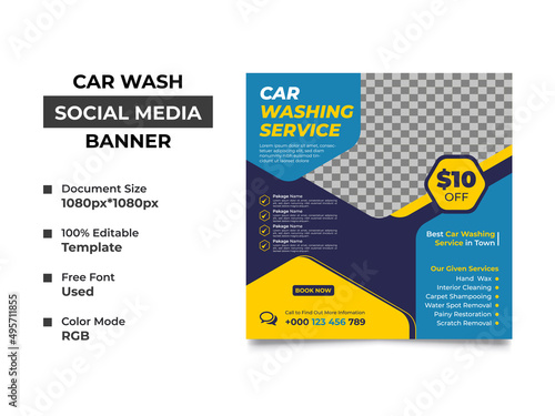 modern car washing service social media post template design with an image placement, professional colors used in the design, this template can be used as web banner. vector square template, eps