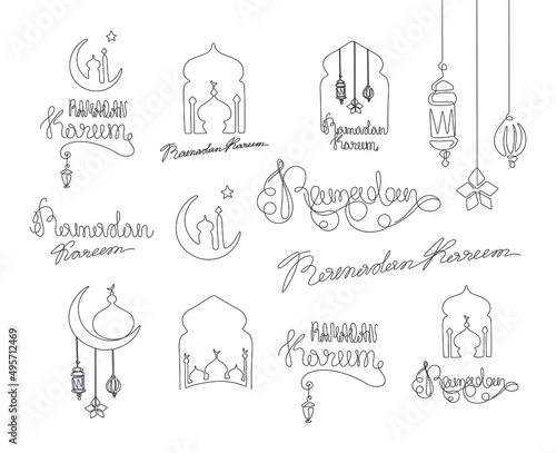 Ramadan Kareem islamic design crescent moon and mosque dome silhouette, continuous line drawing, small tattoo, print for clothes and logo design, emblem or logo design, isolated vector illustration.