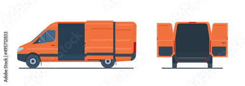 Сargo van with open cargo door. Сargo van with side view and back view. Vector illustration.