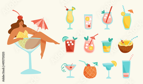 Set of tropical cocktails and a cute girl in a glass with an umbrella. Vector illustration of alcoholic summer drinks in trendy retro style.