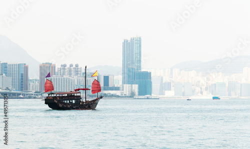Photography Junk boat crossing in Victoria Harbor