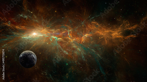 Fototapeta Naklejka Na Ścianę i Meble -  Space background. Earth planet in colorful fractal nebula and star field. Elements furnished by NASA. 3D rendering