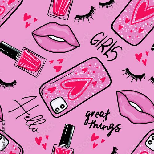 Girls fashion pattern. Hand drawn girlish pink background with photo camera, eyelashes, lips, nail polish, for textile, fabric, fashion wear, kids graphic, wrapping paper and more