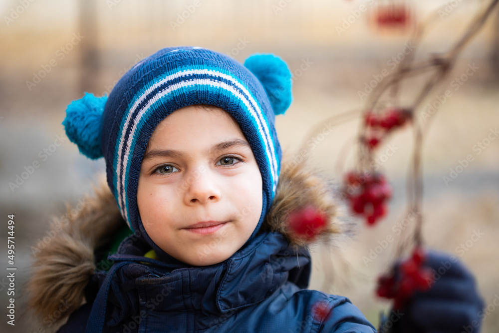 Portrait of little adorable boy in warm clothes close to twigs of viburnum fruits Portrait of little adorable boy in warm clothes close to twigs of viburnum fruits