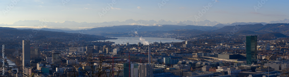 Wide angle aerial view over City of Zürich with on a sunny spring morning. Photo taken March 14th, 2022, Zurich, Switzerland.