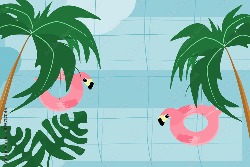 Fototapeta premium cartoon and flatart design for summer activity with flamingo rubber ring float in swimming pool with tropical forest