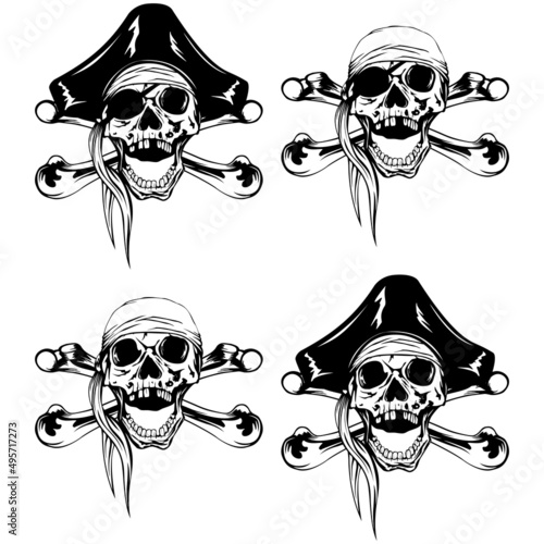 Vector illustration pirate skull bandana or cocked hat and crossed bones