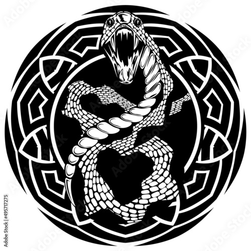 Abstract vector illustration black and whide snake with open mouth on round ornament. Design for tattoo or print t shirt.