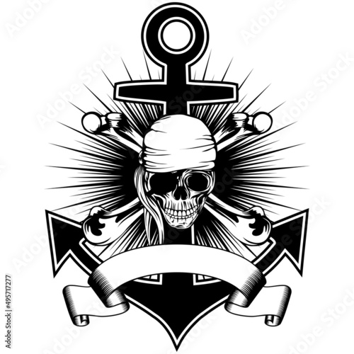 Vector illustration pirate insignia skull in bandana with crossed bones and anchor