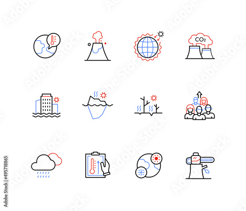 Global warming and ice melting problem - line design style icons