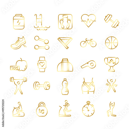 Fitness icon set. Gymnastic equipment pictogram for web. Flat line stroke. Isolated on white background. Vector eps10