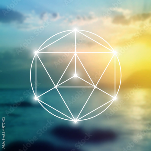 Merkaba sacred geometry spiritual new age futuristic illustration with interlocking circles, triangles and glowing particles in front of blurry natural photographic background