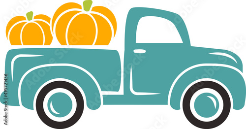 Cute pumpkin truck Svg cut file. Fall truck vector illustration isolated on white background. Autumn vintage old truck design for kids shirts, apparel, signs, cards and so on
