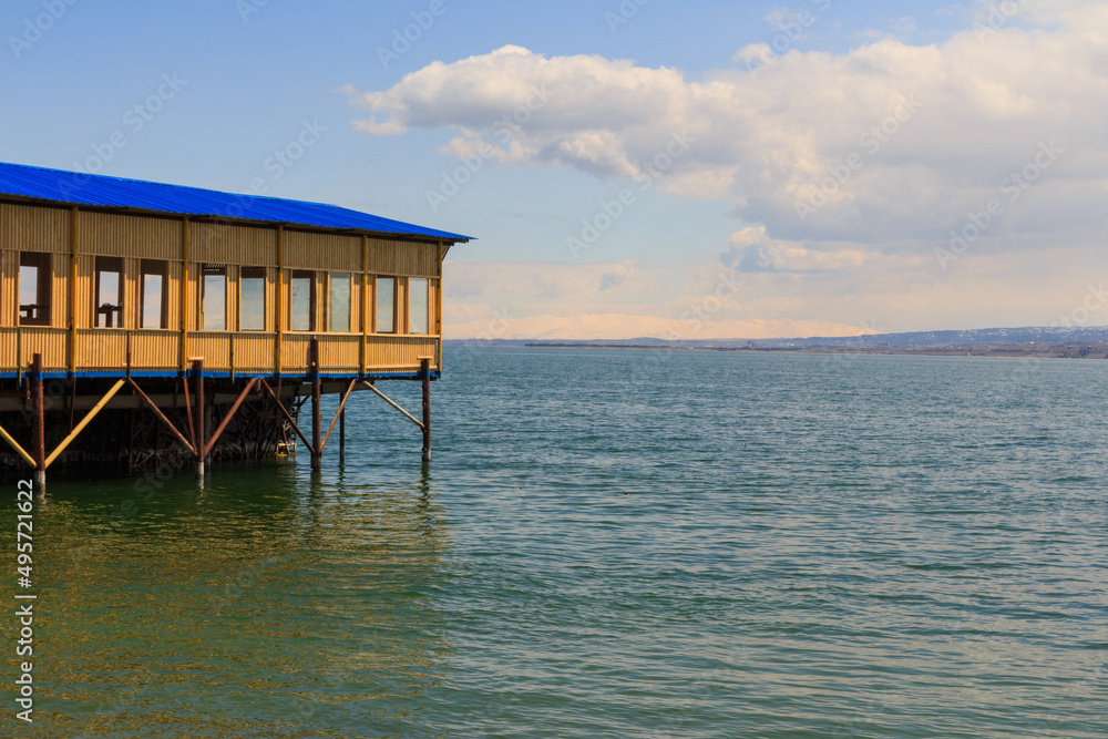 Restaurant building on the water near Lake Sevan. Armenia Restaurant building on the water near Lake Sevan. Armenia