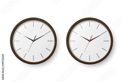 Vector 3d Realistic Wooden Dark Brown Wall Office Clock Icon Set. Design Template of Wall Clock Closeup Isolated on White. Mock-up for Branding and Advertise. Front View