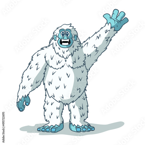 Digital vector illustration of a happy blue white yeti waving on a white background